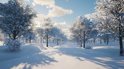 Obraz premium Beautiful winter park with trees covered in snow and a serene atmosphere