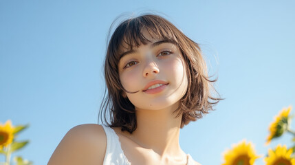 Fototapeta premium French girl in a white dress enjoy sunbathing at sunflowers park