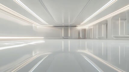A futuristic, empty room with white walls and a shiny floor.