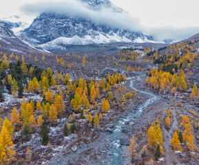 Drone view the Aktru Valley in Altai Mountains in Siberia, Altai Republic, Russia
