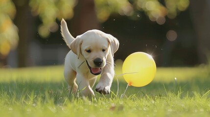 Cute labrador puppy playing with yellow balloon on green grass