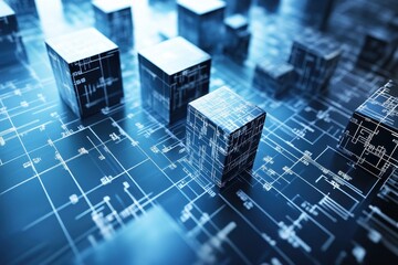 Digital technology cubes create a futuristic ambiance in a blue and black grid layout