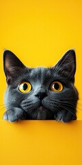 Gray cat peeking over yellow background curious eyes