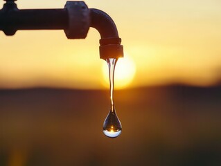 Water Scarcity Management Concept. Dripping water from a faucet against a vibrant sunset background.