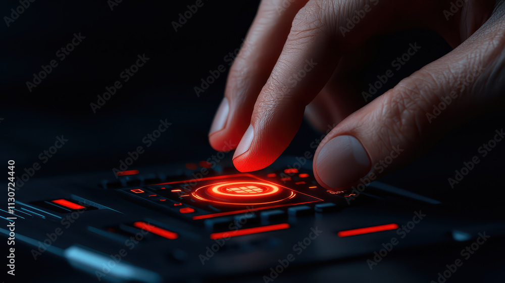 Poster close up of hand pressing glowing red button on high tech device, showcasing intricate details and m