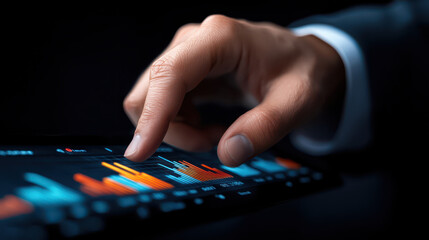 Fototapeta premium close up of hand interacting with digital screen displaying colorful data graphs, showcasing technology and analytics