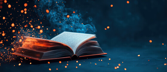 Naklejka premium open book with glowing pages emits sparks and smoke, creating magical atmosphere