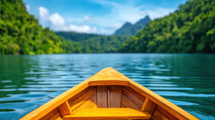 Fototapeta premium long tail boat glides through serene river surrounded by lush greenery and mountains, creating peaceful atmosphere