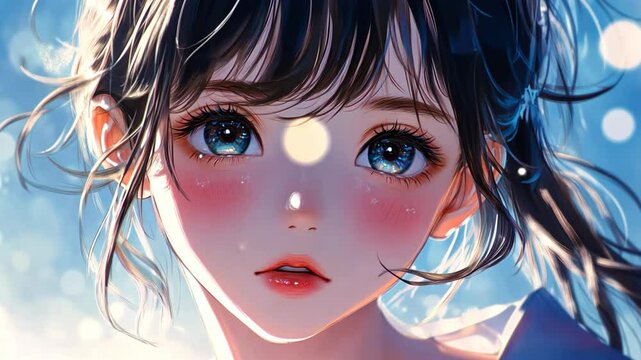  anime cartoon girl character, close up face portrait of charming pretty Japanese woman wearing Kimonos, blinking eyes, bokeh light dreamy backlight