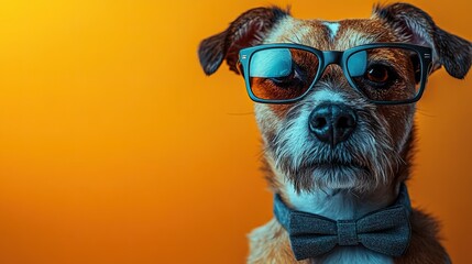 Cool terrier in glasses and bow tie on orange glow.