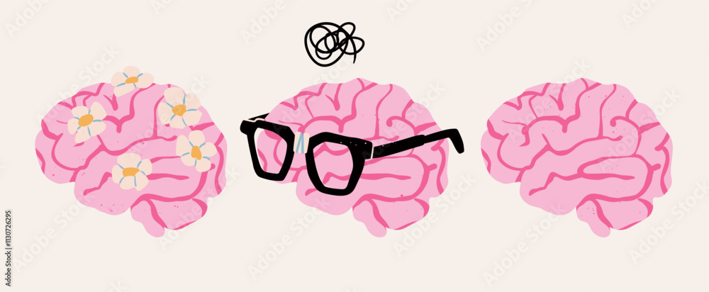 Poster various brain set. brain icons collection with flowers, nerd googles. cartoon style. hand drawn mode
