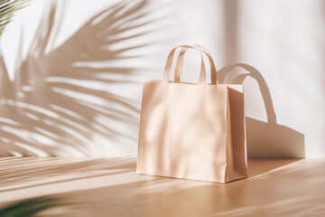 Eco-friendly brown paper bag with palm shadows on wooden table