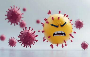A sad emoji being chased by aggressive-looking germs, sweating nervously on a white background 