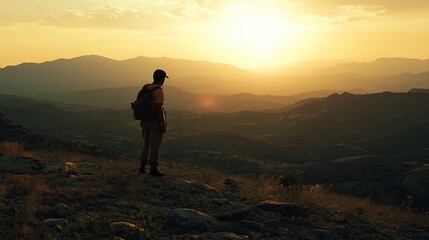 Obraz premium Silhouette of hiker at sunset overlooking distant hills