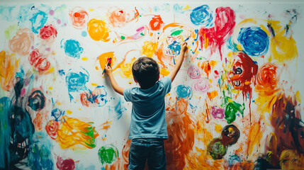 A child is drawing a fun and happy future life story in which he is the main character on a canvas on the wall. He is drawing a child-like picture using many different colored paints.