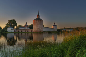 The ensemble of the Kirillo-Belozersky monastery in the Vologda region in Russia at sunset in the...