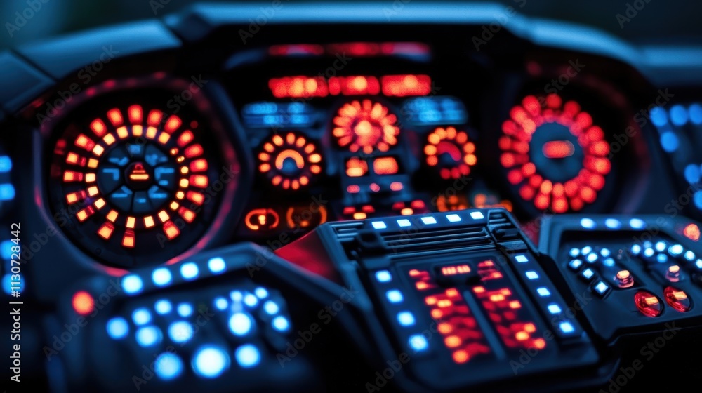 Poster futuristic dashboard interface with bright lights and advanced control features