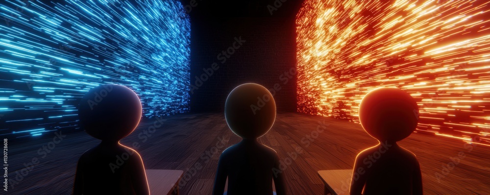Poster diverse characters in a virtual workspace with holographic backgrounds and colorful elements