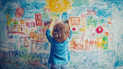 A child is drawing a fun and happy future life story in which he is the main character on a canvas on the wall. He is drawing a child-like picture using many different colored paints.