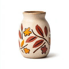 A decorative ceramic vase featuring colorful floral patterns, blending earthy tones with artistic designs, ideal for home decor.