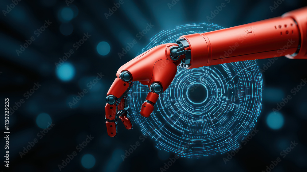Poster close up of red robotic hand reaching out, showcasing advanced technology and design. background fea