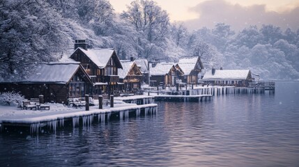 Obraz premium Charming Winter Cabins by a Snowy River with Serene Reflections and Peaceful Waters