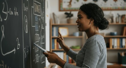 African female teacher using tablet in classroom for interactive learning