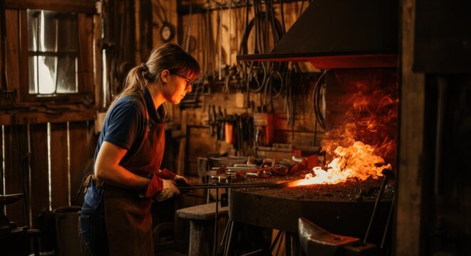Female blacksmith forging metal in a workshop with intense focus