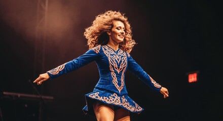 Female caucasian adult performing irish dance in blue dress with joyful expression