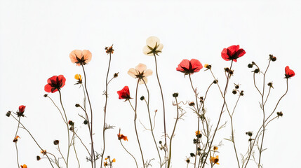 silhouette of pressed flowers and stems, white background .