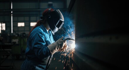 Female welder in action with sparks in industrial setting