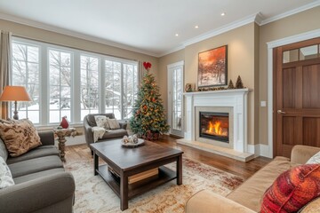 Fototapeta premium Cozy Winter Living Room with Christmas Tree Decor