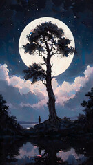 Beautiful Full Moon and Cloudy Sky Shine on a Tree Silhouette by the Lake at Night