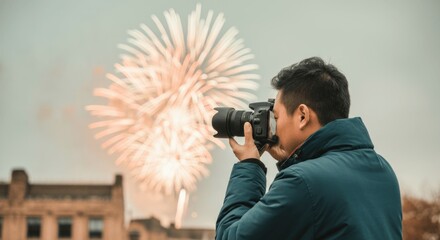 Asian male adult capturing fireworks with camera against cityscape