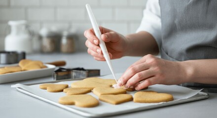 Obraz premium Caucasian female adult decorating heart-shaped cookies in kitchen