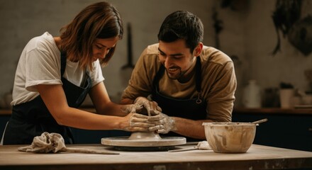 Young caucasian adults enjoying pottery class together in art studio