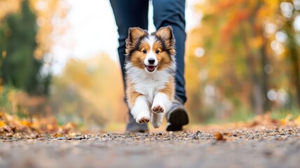 Energetic shetland sheepdog puppy running with owner on an autumn trail capturing vibrant nature moments with joyful spirit