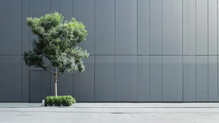 Minimalist grey wall and a tree, urban environment, clean lines, architectural photography, building focal point, contemporary design element, minimal greenery