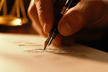 Elegant Pen Writing Law Document with Scales Background