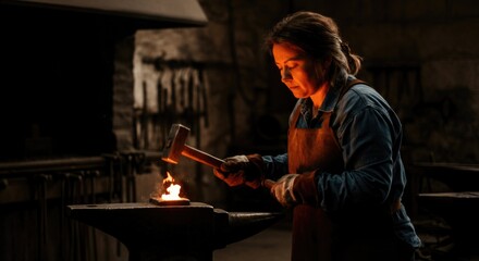 Female blacksmith crafting glowing metal in dark forge workshop