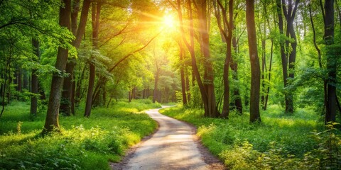 Fototapeta premium Sunlit Path Winding Through Lush Green Forest Canopy