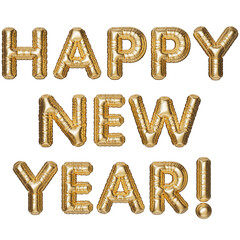Naklejka premium Happy new year! The inscription in the form of gold balloons. 3D illustration of inflated letters on a transparent background.