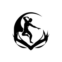 Athletic Strength: A powerful silhouette of a man in mid-leap, framed by a dynamic circular design, symbolizing athleticism, strength, and determination.  