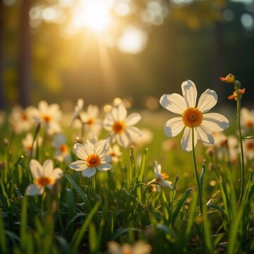 Green Grass with Daisy Flowers at Sunrise