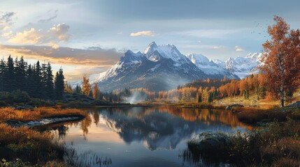 Obraz premium Serene autumn reflections last light over a tranquil alpine lake surrounded by fall foliage