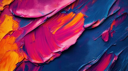 Obraz premium Vibrant Hues Abstract Painting Texture Closeup: Bold Swirls of Pink, Orange, and Deep Blue Oil Paint on Canvas
