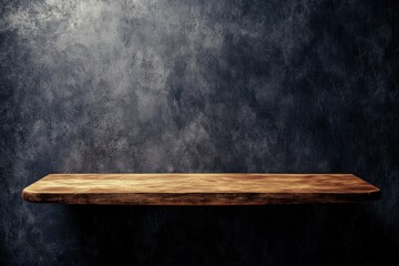 Rustic wooden shelf against dark textured background