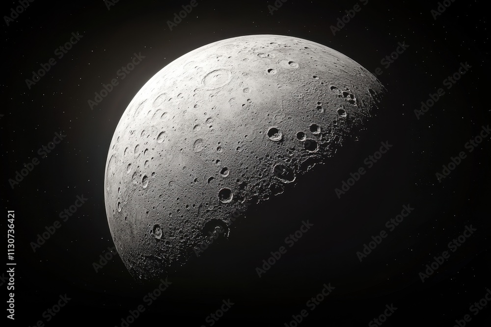 Poster exploring the detailed surface of the moon captured in deep space environment