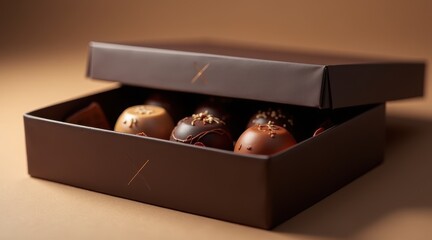 Luxurious box of assorted gourmet chocolates, elegantly presented with a soft focus, showcasing rich textures and festive toppings