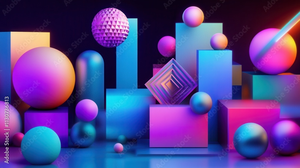 Poster neon geometric shapes abstract 3d render: vibrant colors and dynamic composition